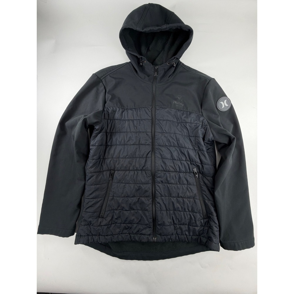 Hurley Mens Hybrid Softshell Puffer Jacket Black Hooded Fleece Lined Size M